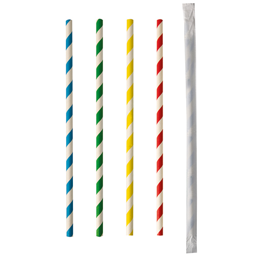 10 x 100 Trinkhalme, Papier Ø 6 mm · 20 cm farbig sortiert "Stripes" einzeln gehüllt