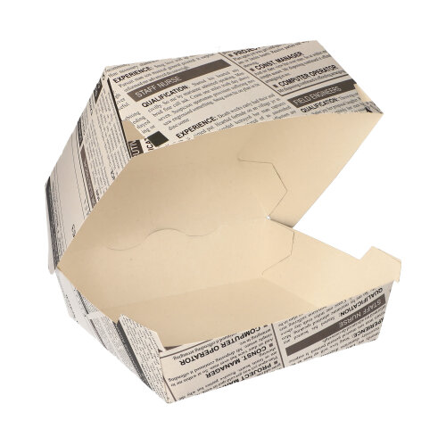 8 x 50 Burgerboxen, Pappe 7,8 cm x 11 cm x 11,5 cm "Newsprint" groß
