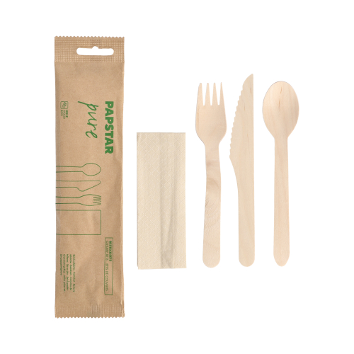 30 x Besteckset, Holz "pure" : Messer, Gabel, Löffel, Serviette in Papierbeutel