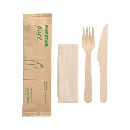 50 x Besteckset, Holz "pure" : Messer, Gabel, Serviette in Papierbeutel