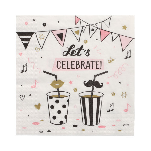 15 x 20 Servietten, 3-lagig 1/4-Falz 33 cm x 33 cm "Let's Celebrate"