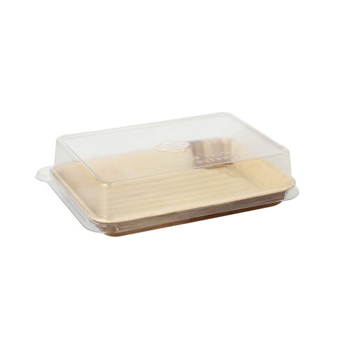 5 x 10 Sushi-Schalen Palmblatt eckig 150 ml 4,4 cm x 17,5 cm x 12,2 cm natur mit rPET Deckel "Kombipack"