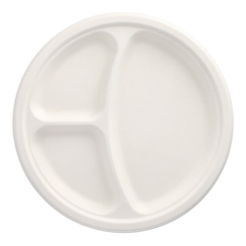 10 x 50 Teller, Zuckerrohr "pure" 3-geteilt Ø 26 cm · 2 cm weiss