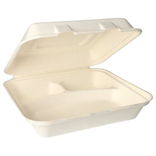 5 x 25 Menüboxen, Zuckerrohr "pure" 3-geteilt 8 cm x 24 cm x 24 cm weiss