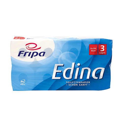 9 x 8 Rollen Toilettenpapier, 3-lagiges Tissue Ø 12 cm · 11 cm x 9,5 cm hochweiss "Edina" 250 Blatt
