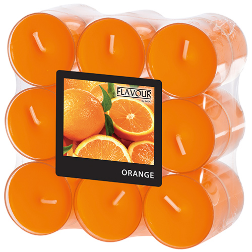 6 x 18 "GALA" Duftlichte Ø 38 mm · 24 mm orange - Orange in Polycarbonathülle
