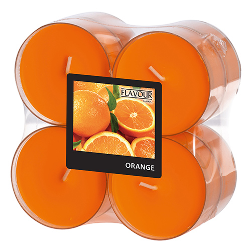 6 x 8 "GALA" Maxi Duftlichte Ø 59 mm · 24 mm orange - Orange in Polycarbonathülle