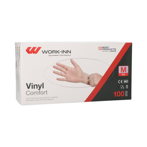10 x 100 "WORK-INN/PS" Handschuhe, Vinyl puderfrei "Comfort" transparent Größe: M