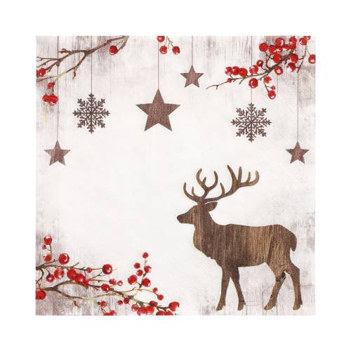15 x 20 Servietten, 3-lagig 1/4-Falz 33 cm x 33 cm "X-Mas Deer"