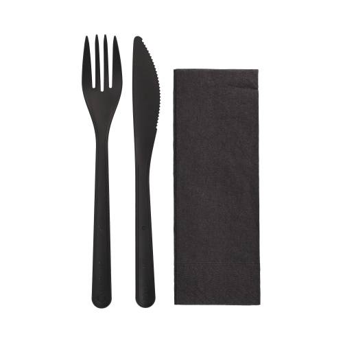 10 x 50 Mehrweg-Bestecksets PP-MF 22 cm schwarz : Messer, Gabel, Serviette in Folienbeutel