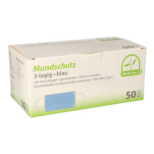 20 x 50 "Medi-Inn" Mundschutz Type II 3-lagig 9 cm x 17,5 cm blau mit Nasenbügel