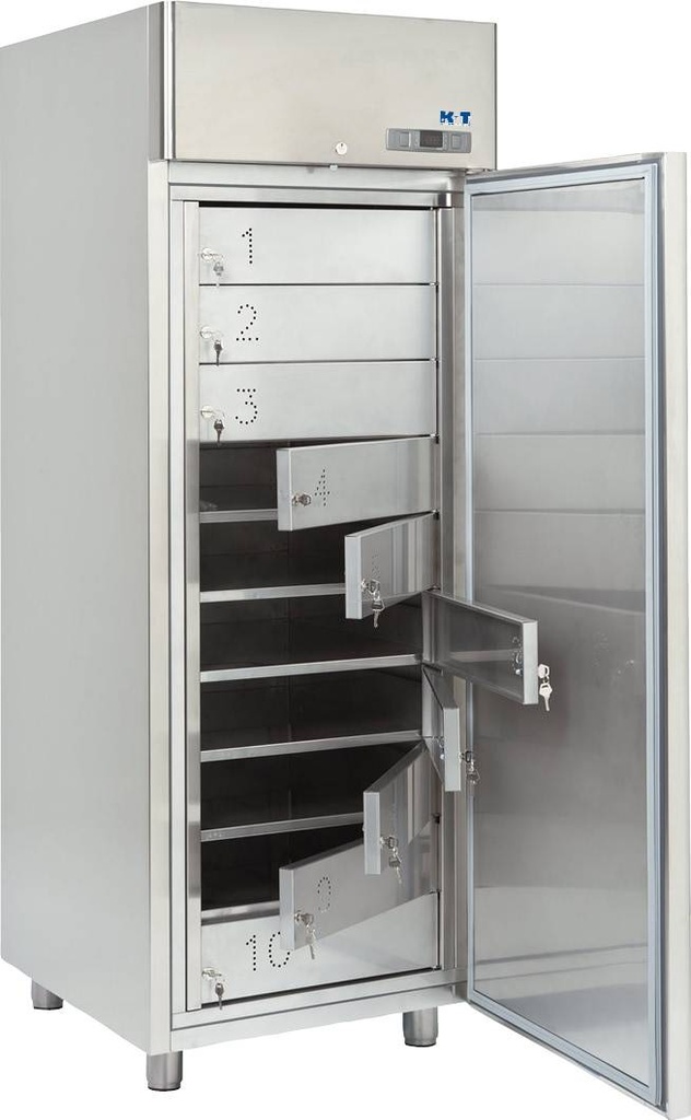 K+T Umluftgemeinschaftskühlschrank, CNS-Tür, 10 abschließbare Fächer, Fächerhöhe 140 mm, steckerfertig