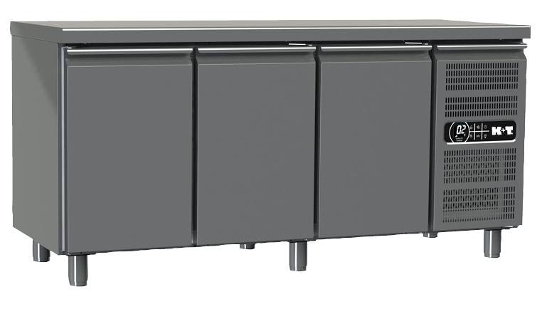 K+T Kühltisch GN 2/3, Korpushöhe 700 mm, abgekantete Arbeitsplatte, 3 Abteile, steckerfertig