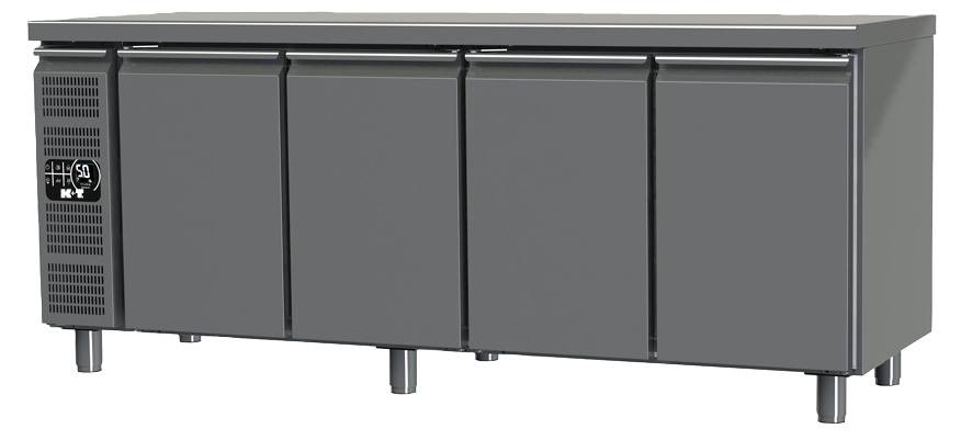 K+T Kühltisch GN 1/1, Korpushöhe 650 mm, abgekantete Arbeitsplatte, 4 Abteile, Zentralkühlung