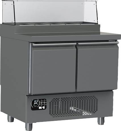 K+T Belegstation GN 1/1, Korpushöhe 475 mm, abgekantete CNS-Arbeitsplatte, 2 Abteile, Zentralgekühlt