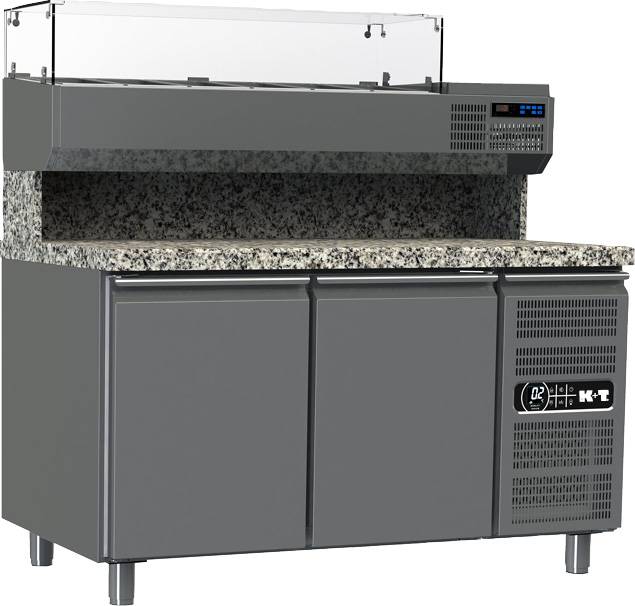 K+T Pizzakühltisch EN 600 x 400, Korpushöhe 700, abgekantete Granitarbeitsplatte,2 Abteile,steckerfertig
