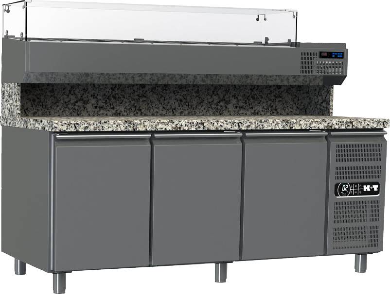 K+T Pizzakühltisch EN 600 x 400, Korpushöhe 700,abgekantete Granitarbeitsplatte,3 Abteile,Zentralkühlung