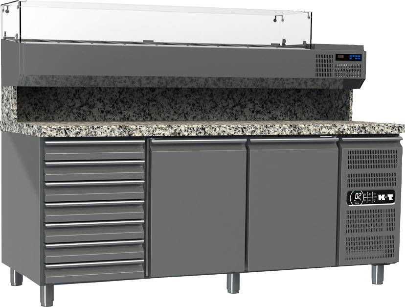 K+T Pizzakühltisch EN 600 x 400, Korpushöhe 700, abgekantete Granitarbeitsplatte,3 Abteile,steckerfertig