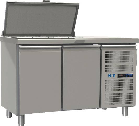 K+T Saladette GN 1/1, Korpushöhe 650 mm, abgekantete Arbeitsplatte, 2 Abteile, steckerfertig