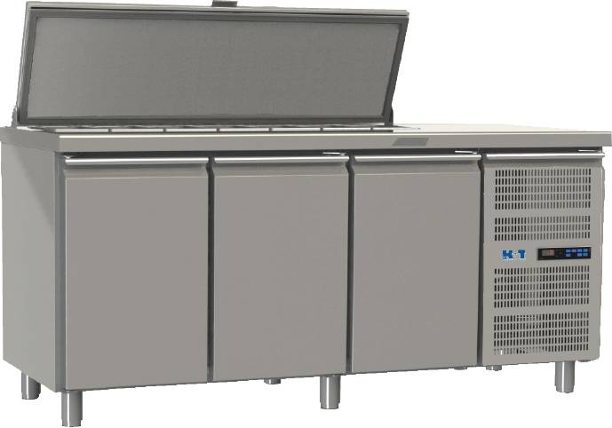 K+T Saladette GN 1/1, Korpushöhe 650 mm, abgekantete Arbeitsplatte, 3 Abteile, Zentralkühlung
