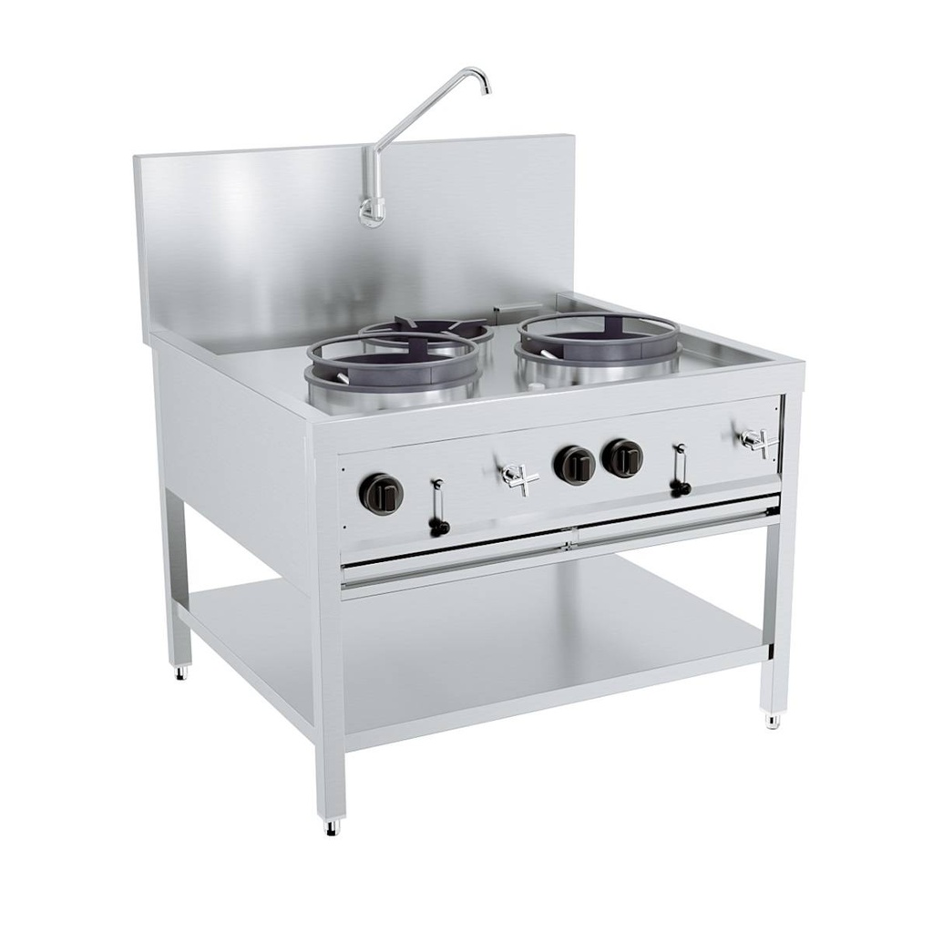 Gas Woktisch + aus Edelstahl, 2 x 17 kW, 1 x 9 kW, 1000 x 900 x 750 mm