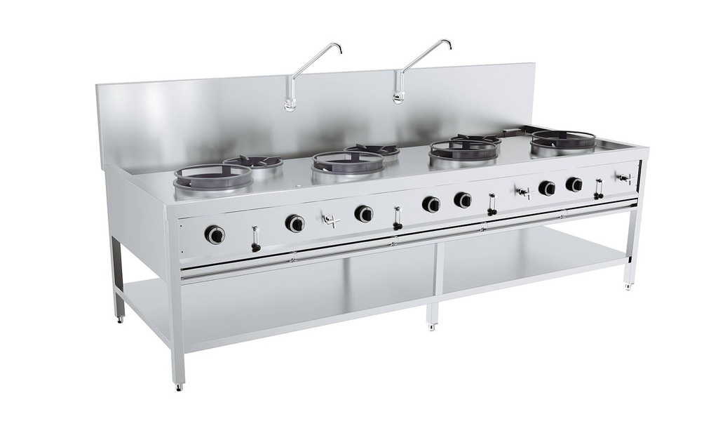 Gas Woktisch + aus Edelstahl, 4 x 17 kW, 3 x 9 kW, 2500 x 900 x 750 mm
