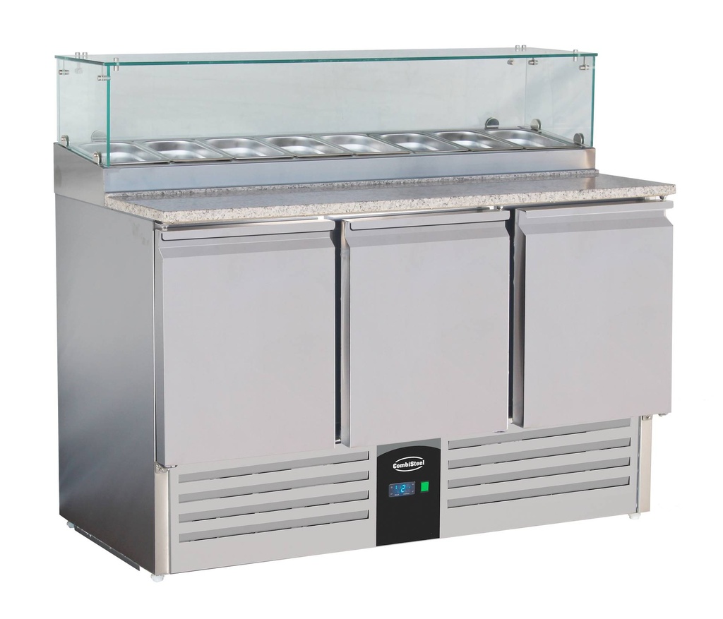Pizzatisch mit Glas aus Edelstahl, 1368 x 700 x 1180 mm