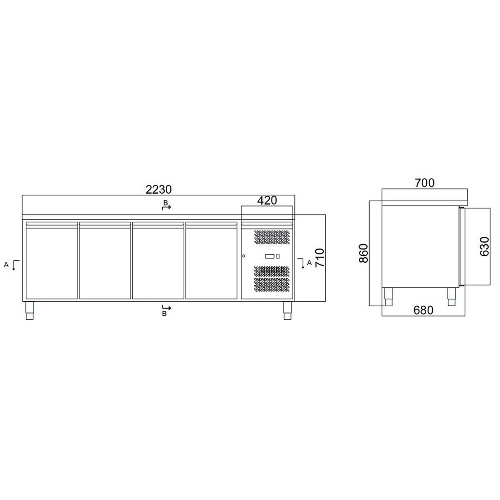 Kühltisch / 4-türig - Monoblock, 2230 x 700 mm