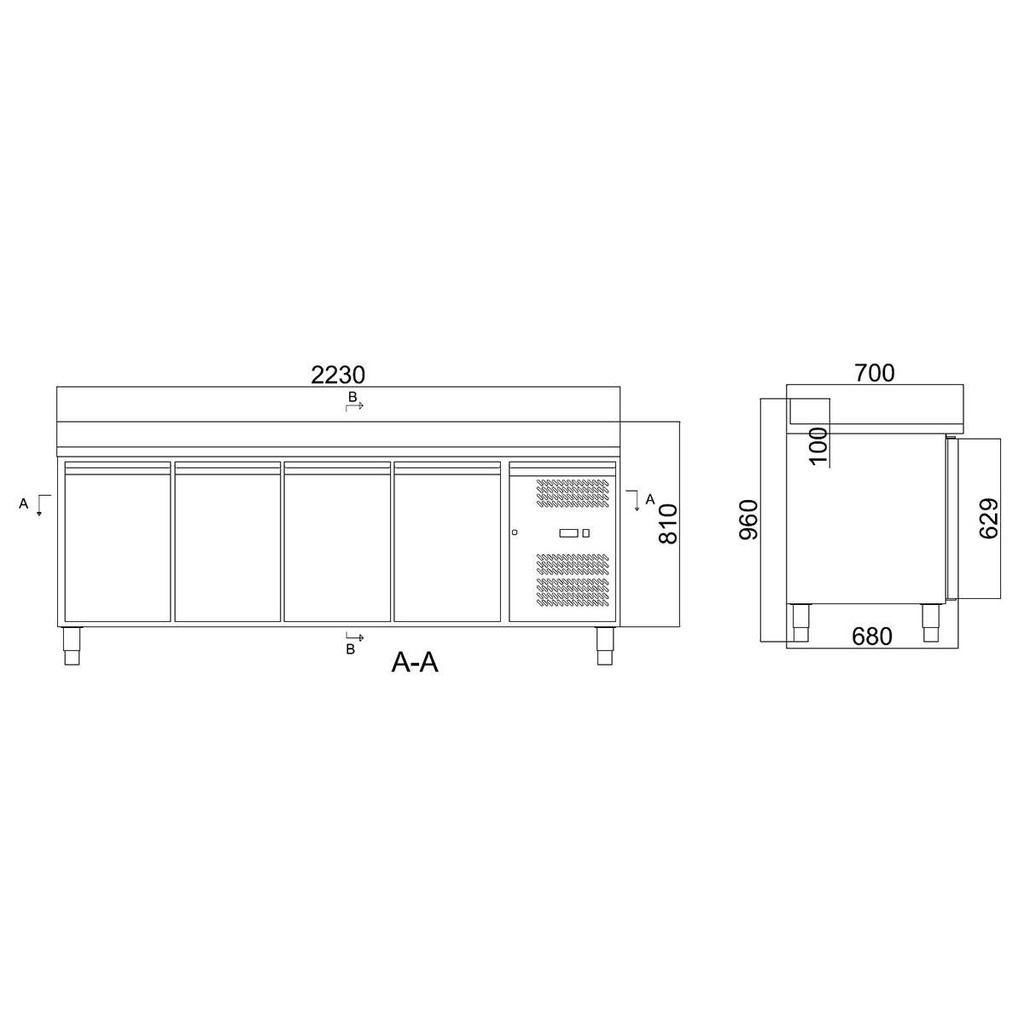 Kühltisch / 4-türig inkl. Aufkantung - Monoblock, 2230 x 700 mm