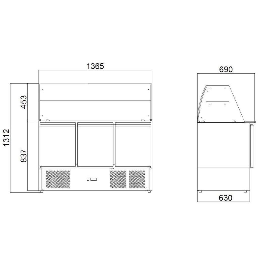 Saladette / 3-fach mit eckigem Glasaufsatz, 1365 x 700 mm