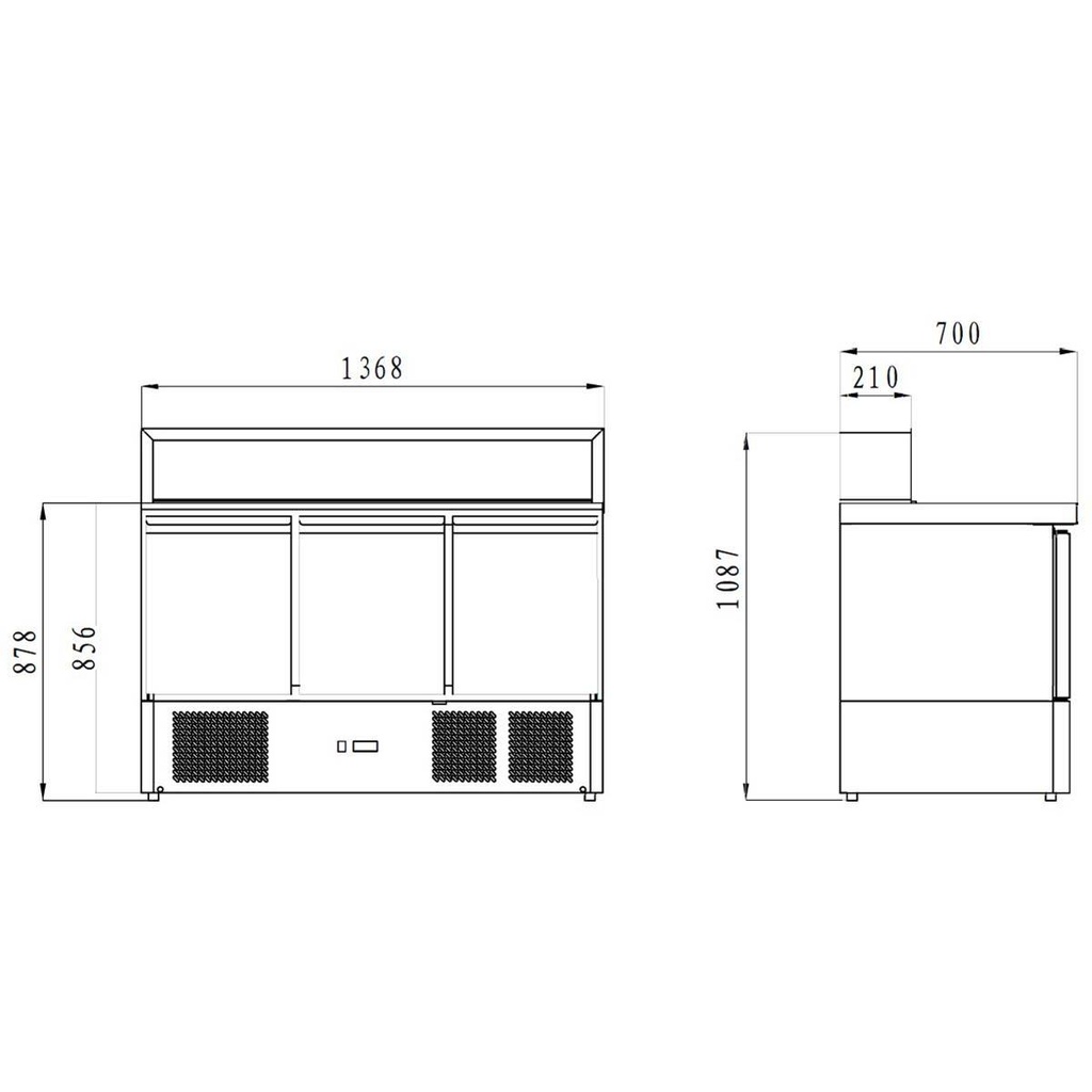 Pizza-Saladette / 3-fach - mit 3 Türen, 1365 x 700 mm