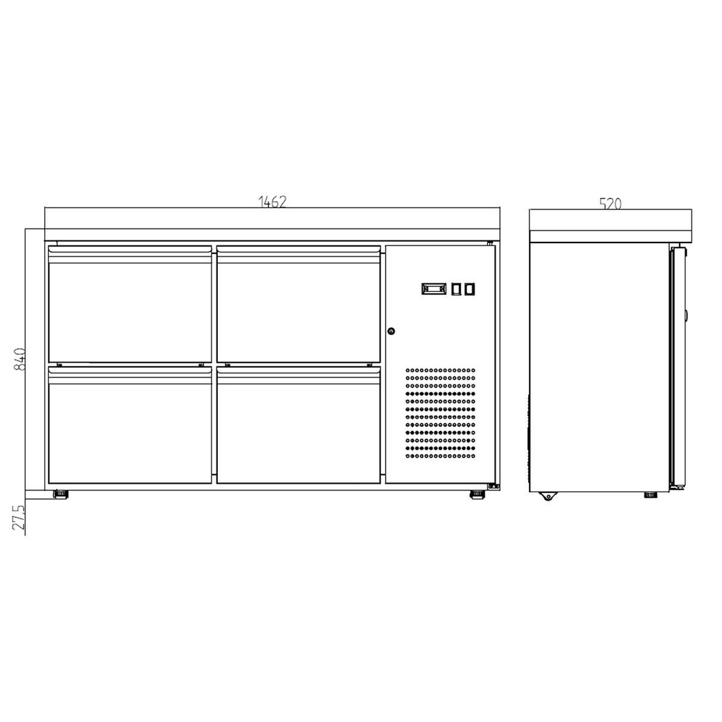 Barkühltisch schwarz / 4 Schubladen - 280 l, 1465 x 520 mm