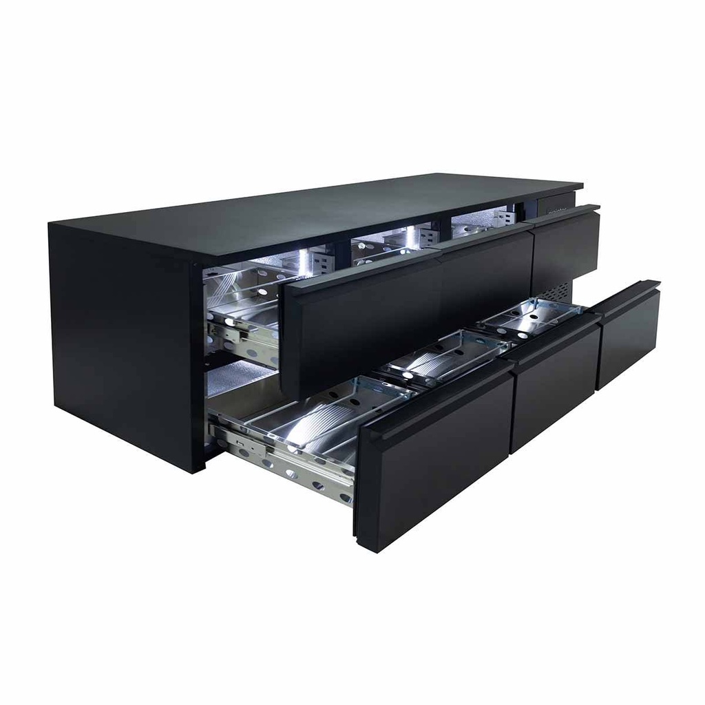 Barkühltisch schwarz / 6 Schubladen - 425 l, 2005 x 520 mm