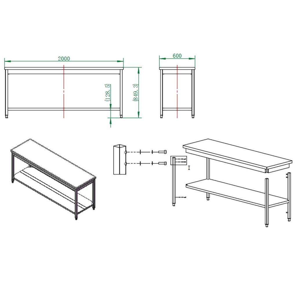 Arbeitstisch / mit Grundboden, 2000 x 600 mm