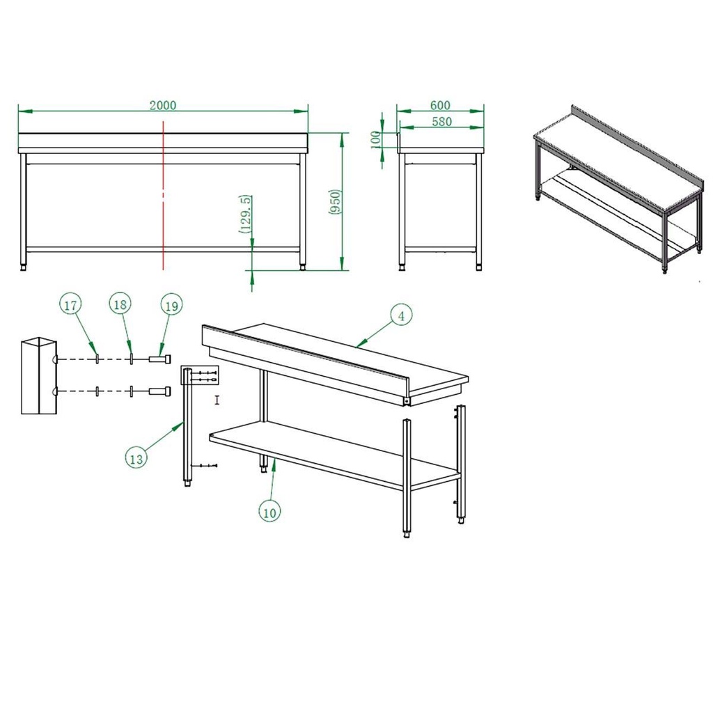 Arbeitstisch / mit Grundboden & Aufkantung, 2000 x 600 mm