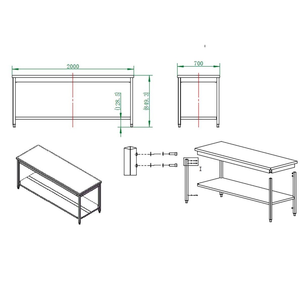 Arbeitstisch / mit Grundboden, 2000 x 700 mm