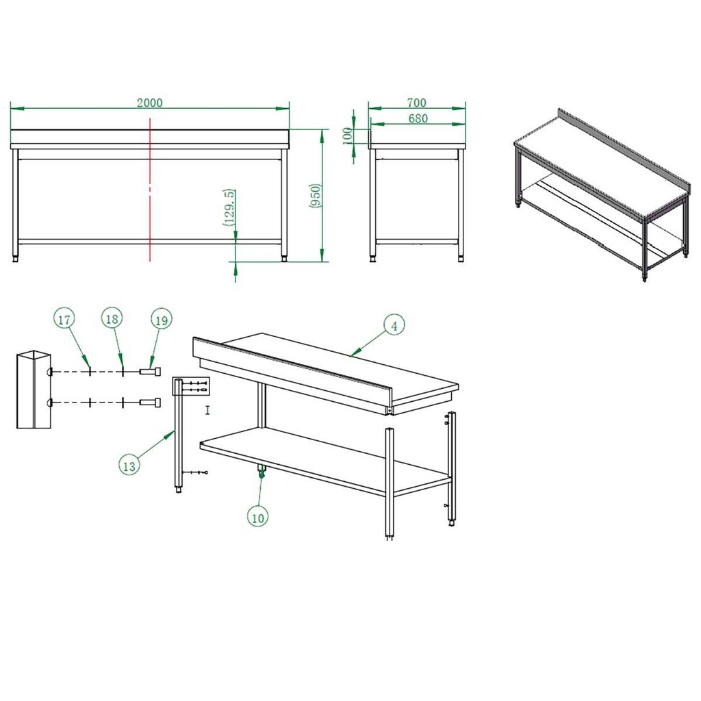Arbeitstisch / mit Grundboden & Aufkantung, 2000 x 700 mm