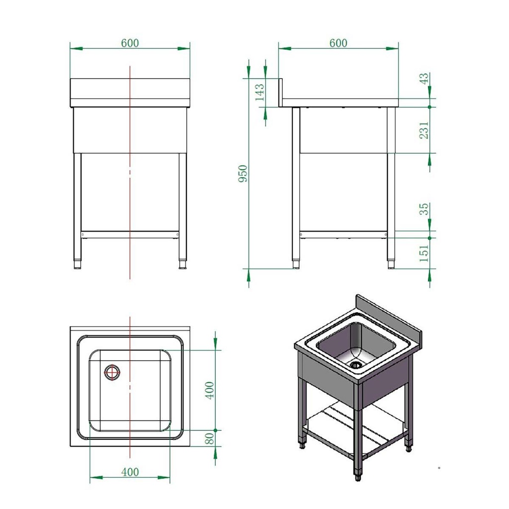 Spültisch / 1 Becken, 600 x 600 mm