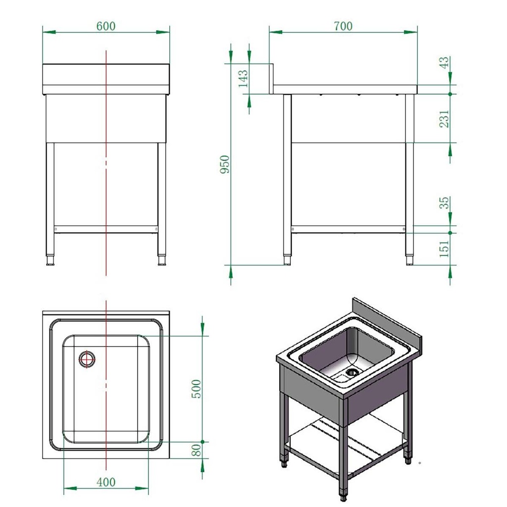 Spültisch / 1 Becken, 600 x 700 mm