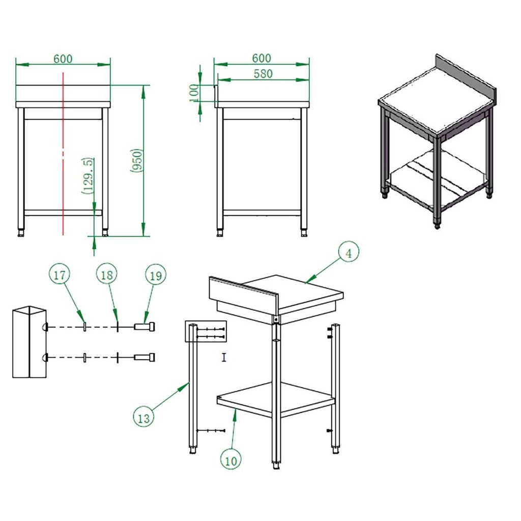 Arbeitstisch / mit Grundboden & Aufkantung, 600 x 600 mm
