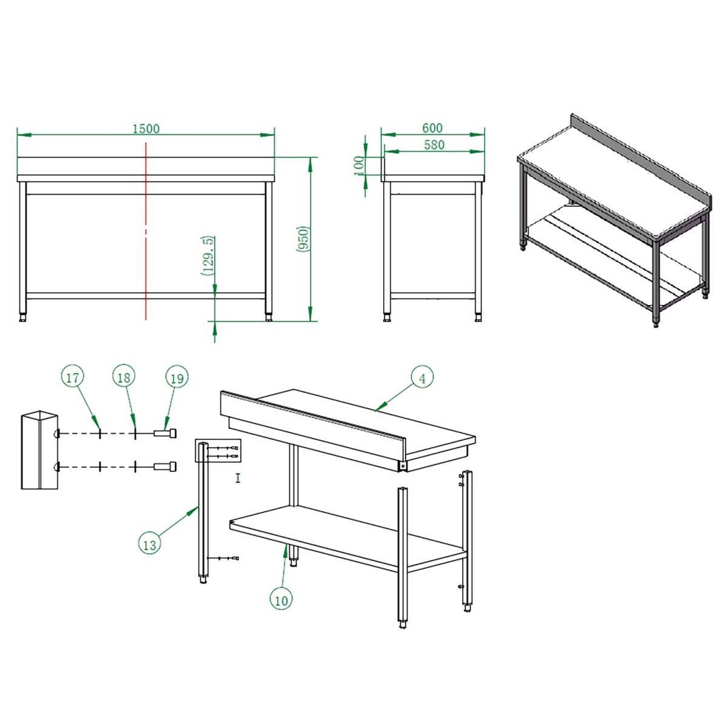 Arbeitstisch / mit Grundboden & Aufkantung, 1500 x 600 mm