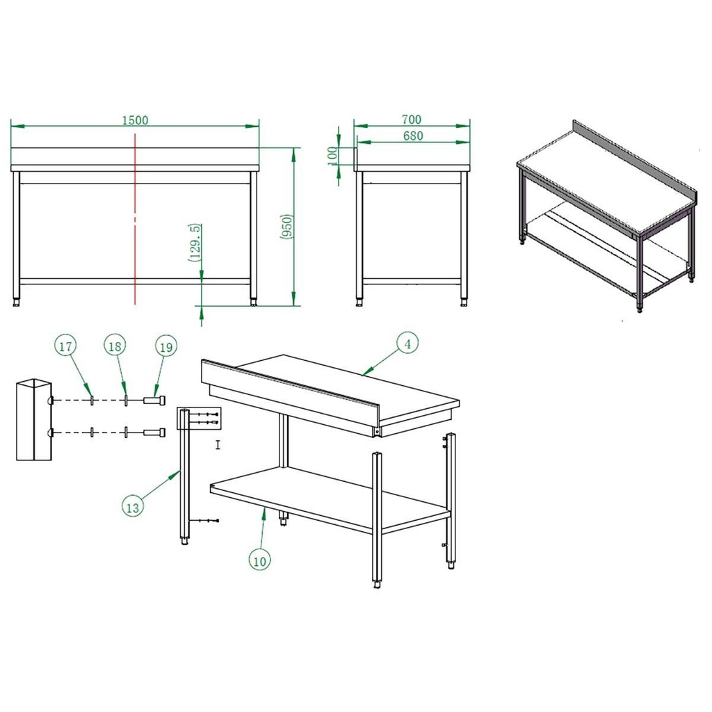 Arbeitstisch / mit Grundboden & Aufkantung, 1500 x 700 mm