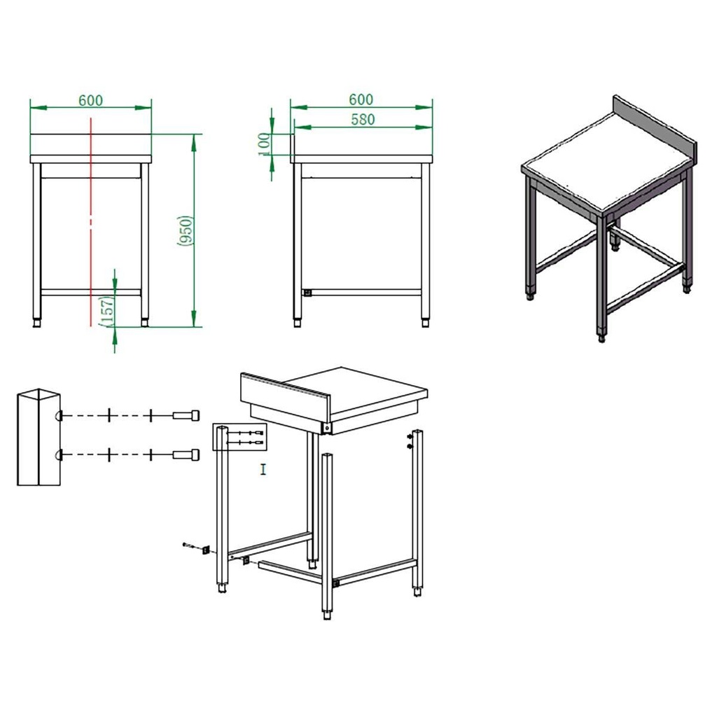 Arbeitstisch / unterfahrbar mit Aufkantung, 600 x 600 mm