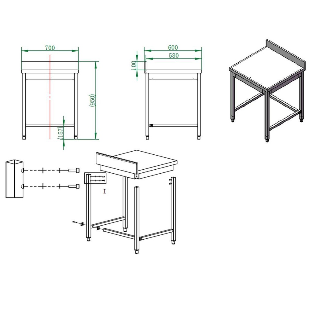 Arbeitstisch / unterfahrbar mit Aufkantung, 700 x 600 mm