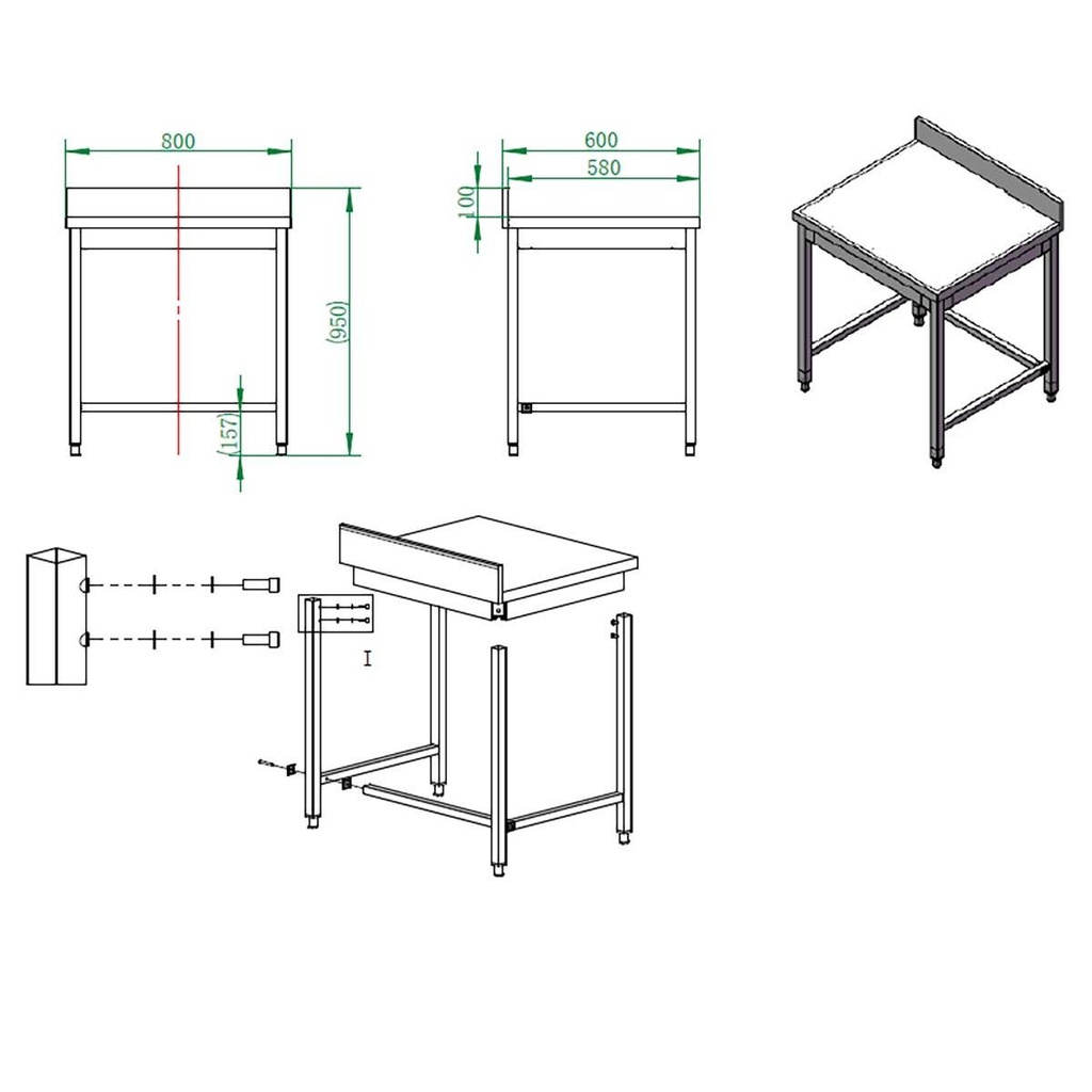 Arbeitstisch / unterfahrbar mit Aufkantung, 800 x 600 mm