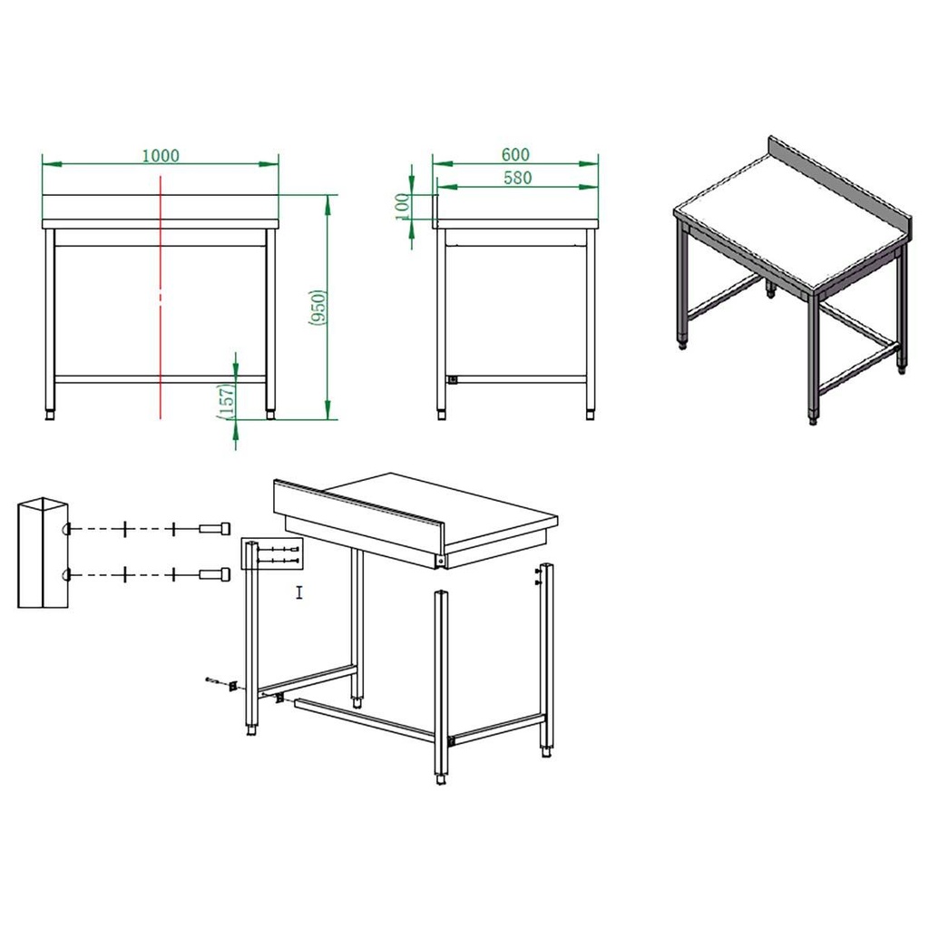 Arbeitstisch / unterfahrbar mit Aufkantung, 1000 x 600 mm