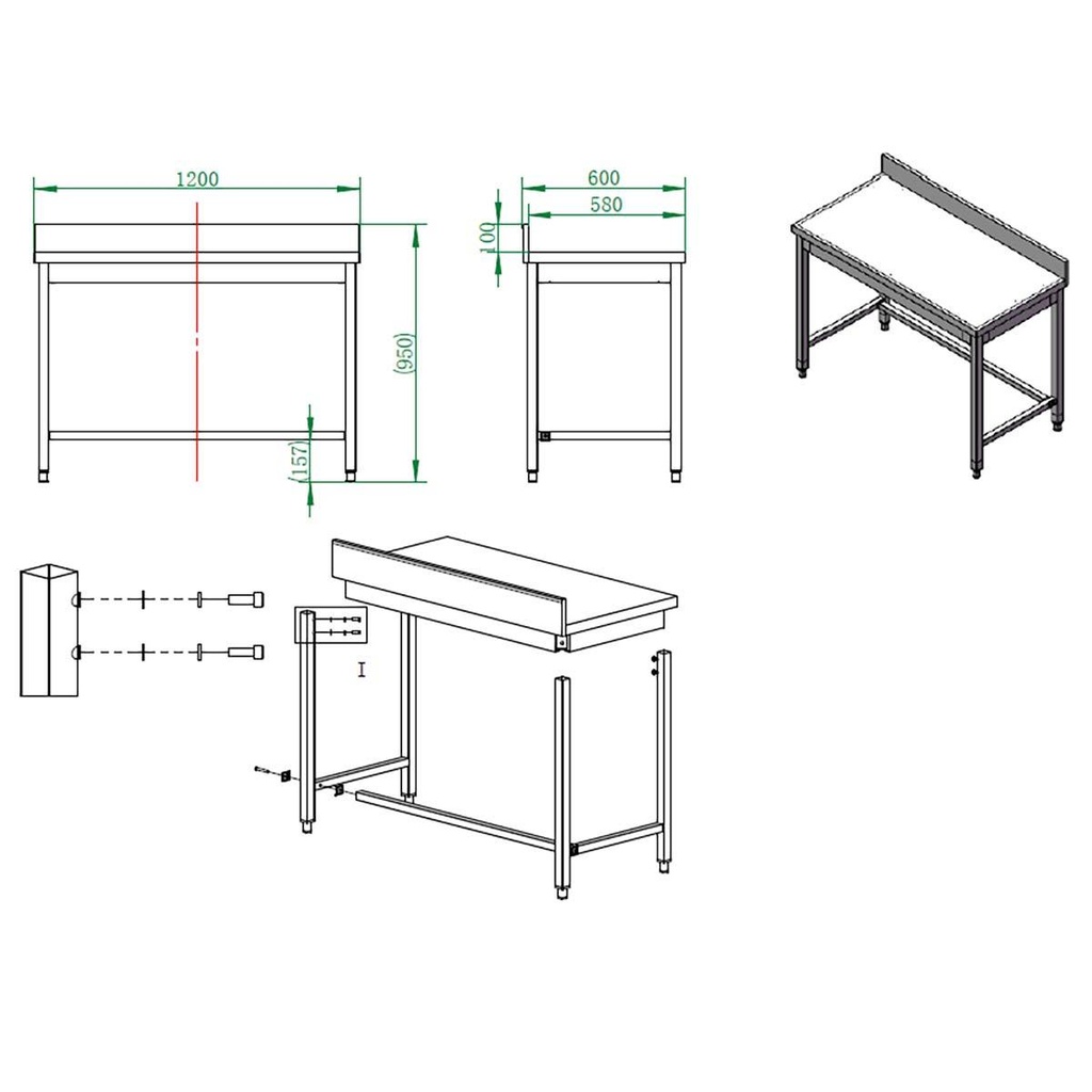 Arbeitstisch / unterfahrbar mit Aufkantung, 1200 x 600 mm