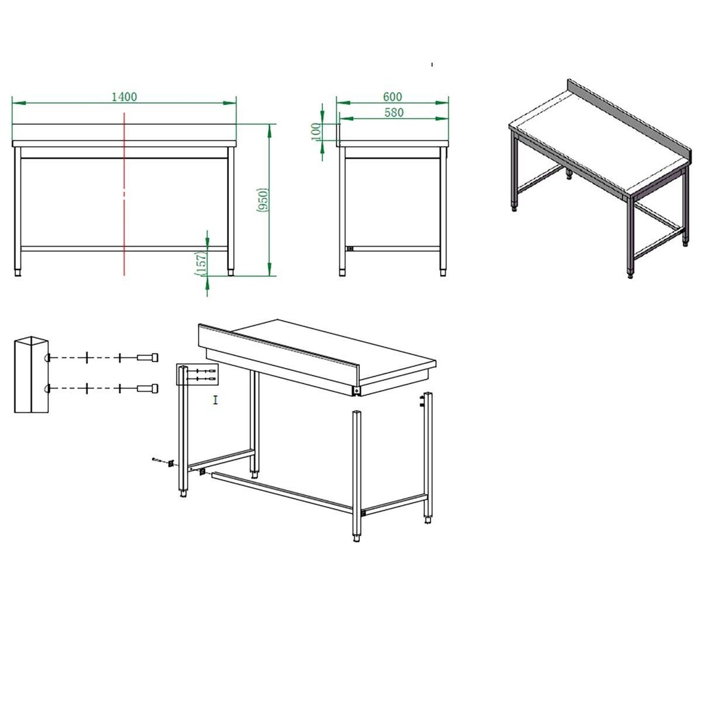 Arbeitstisch / unterfahrbar mit Aufkantung, 1400 x 600 mm