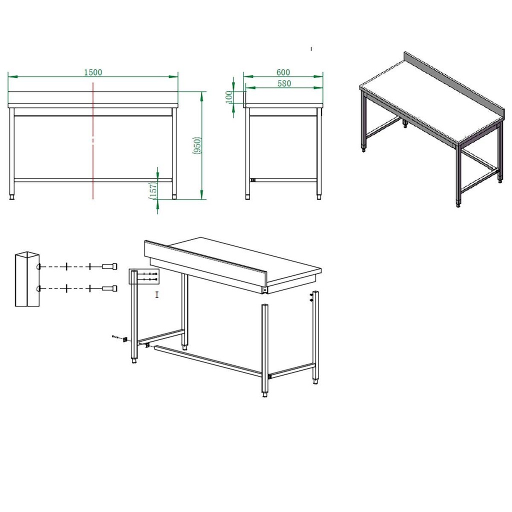 Arbeitstisch / unterfahrbar mit Aufkantung, 1500 x 600 mm