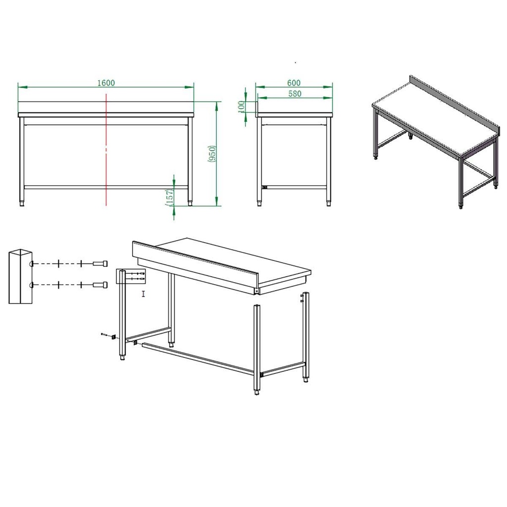 Arbeitstisch / unterfahrbar mit Aufkantung, 1600 x 600 mm